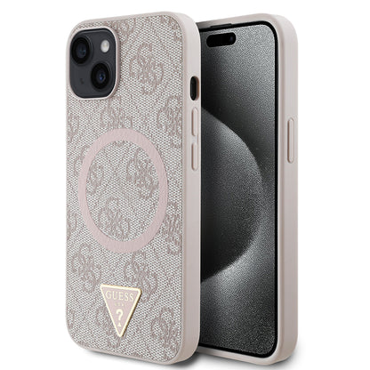 iPhone 15 Kılıf Guess Orjinal Lisanslı M-safe Şarj Özellikli PU Üçgen Logo 4G Desenli Kılıf