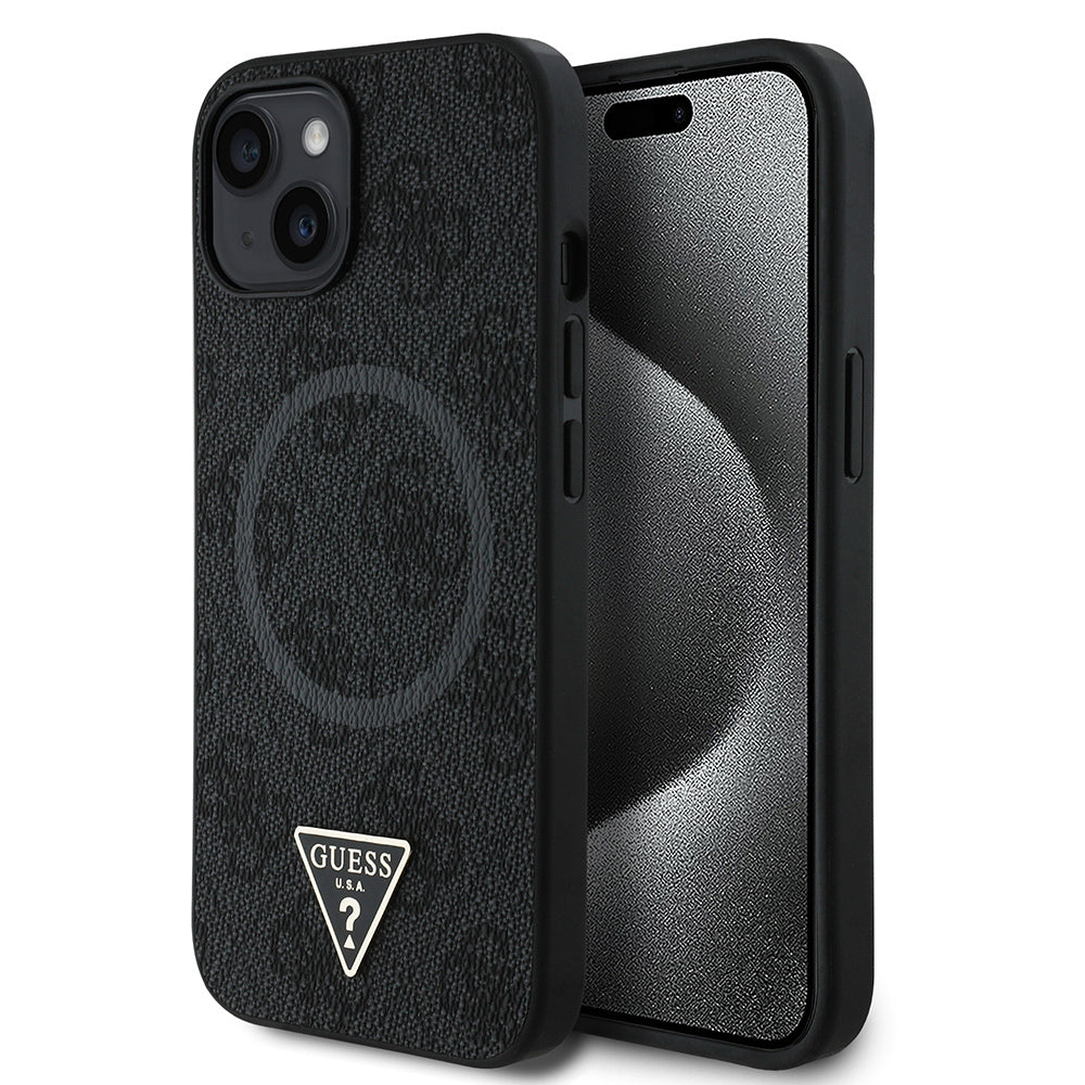 iPhone 15 Kılıf Guess Orjinal Lisanslı M-safe Şarj Özellikli PU Üçgen Logo 4G Desenli Kılıf