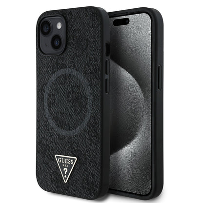iPhone 15 Kılıf Guess Orjinal Lisanslı M-safe Şarj Özellikli PU Üçgen Logo 4G Desenli Kılıf