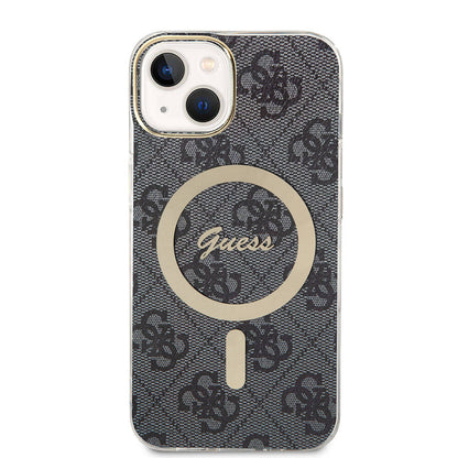iPhone 15 Kılıf Guess Orjinal Lisanslı M-safe Şarj Özellikli Yazı Logolu 4G Desenli Kılıf