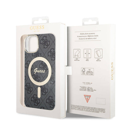 iPhone 15 Kılıf Guess Orjinal Lisanslı M-safe Şarj Özellikli Yazı Logolu 4G Desenli Kılıf