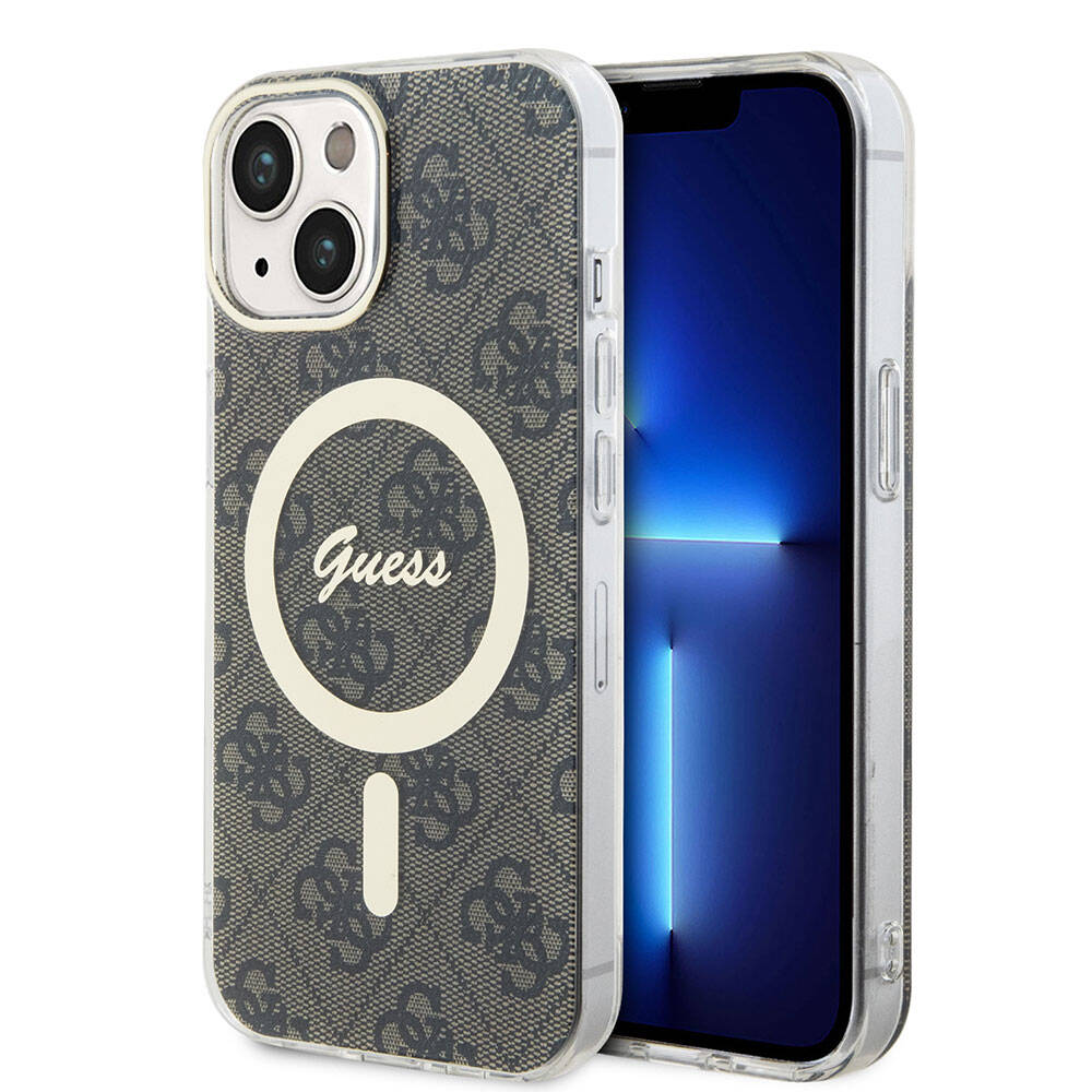 iPhone 15 Kılıf Guess Orjinal Lisanslı M-safe Şarj Özellikli Yazı Logolu 4G Desenli Kılıf