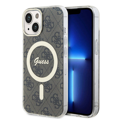 iPhone 15 Kılıf Guess Orjinal Lisanslı M-safe Şarj Özellikli Yazı Logolu 4G Desenli Kılıf