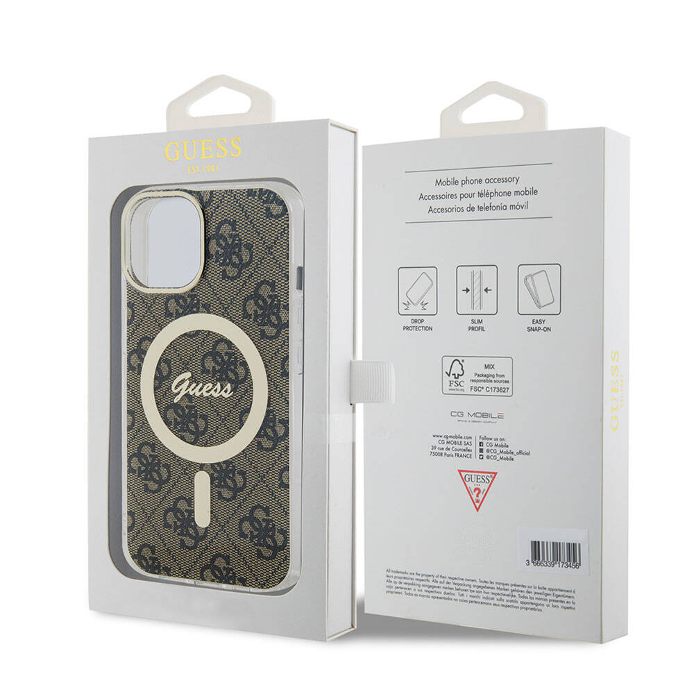 iPhone 15 Kılıf Guess Orjinal Lisanslı M-safe Şarj Özellikli Yazı Logolu 4G Desenli Kılıf