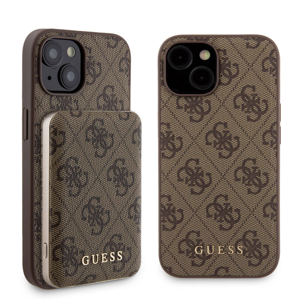 Apple iPhone 15 Kılıf Guess Orjinal Lisanslı Magsafe Şarj Özellikli Yazı Logolu 4G Desenli Kapak + Powerbank 5000mAh 2in1 Set Siyah