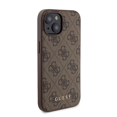 Apple iPhone 15 Kılıf Guess Orjinal Lisanslı Magsafe Şarj Özellikli Yazı Logolu 4G Desenli Kapak + Powerbank 5000mAh 2in1 Set Kahverengi