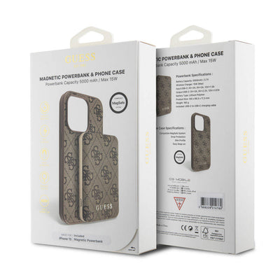 Apple iPhone 15 Kılıf Guess Orjinal Lisanslı Magsafe Şarj Özellikli Yazı Logolu 4G Desenli Kapak + Powerbank 5000mAh 2in1 Set Kahverengi