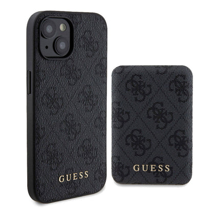 iPhone 15 Kılıf Guess Orjinal Lisanslı M-safe Şarj Özellikli Yazı Logolu 4G Desenli Kılıf + Powerbank 5000mAh 2in1 Set