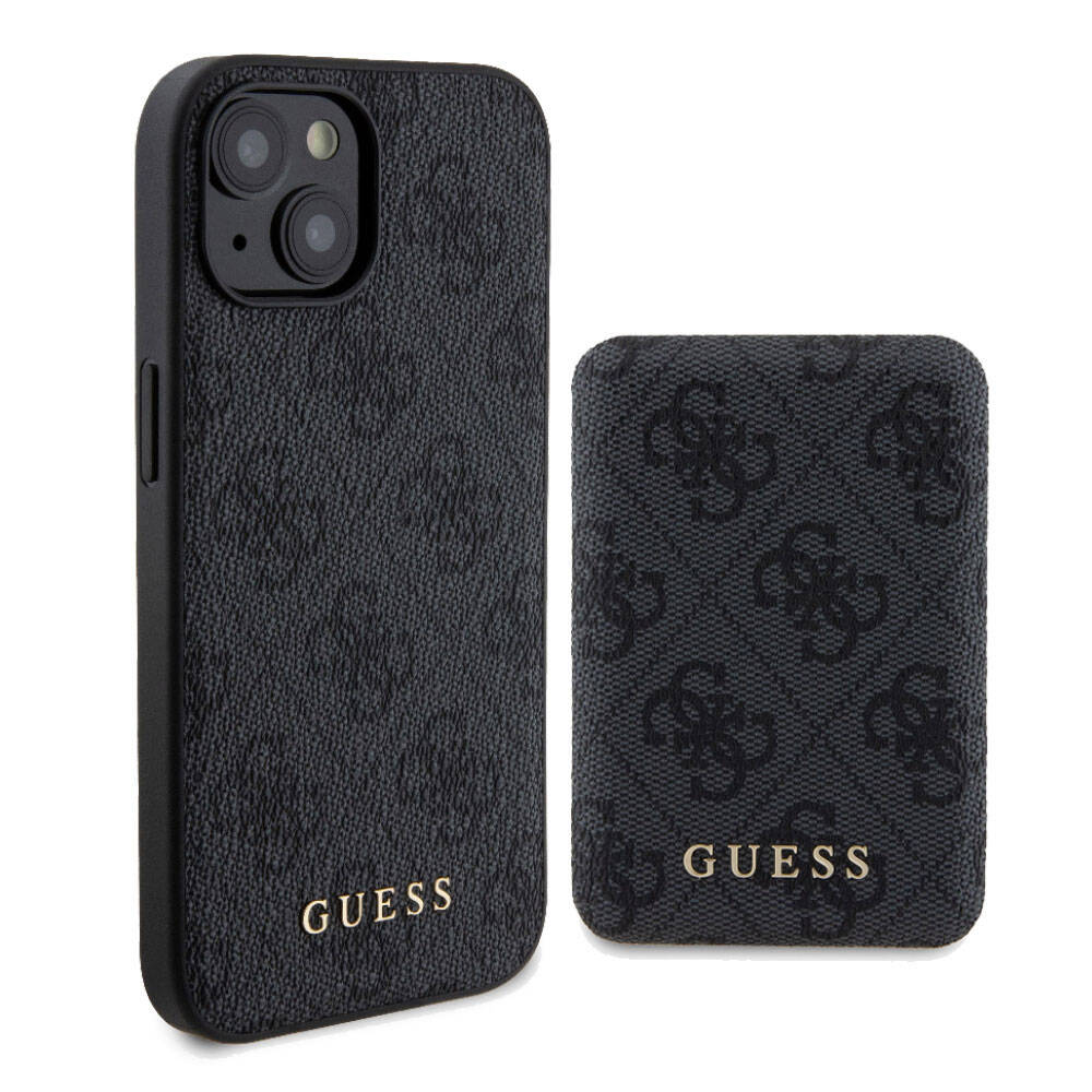 Apple iPhone 15 Kılıf Guess Orjinal Lisanslı Magsafe Şarj Özellikli Yazı Logolu 4G Desenli Kapak + Powerbank 5000mAh 2in1 Set Siyah