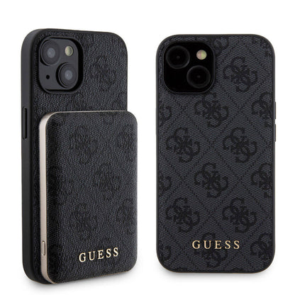 iPhone 15 Kılıf Guess Orjinal Lisanslı M-safe Şarj Özellikli Yazı Logolu 4G Desenli Kılıf + Powerbank 5000mAh 2in1 Set