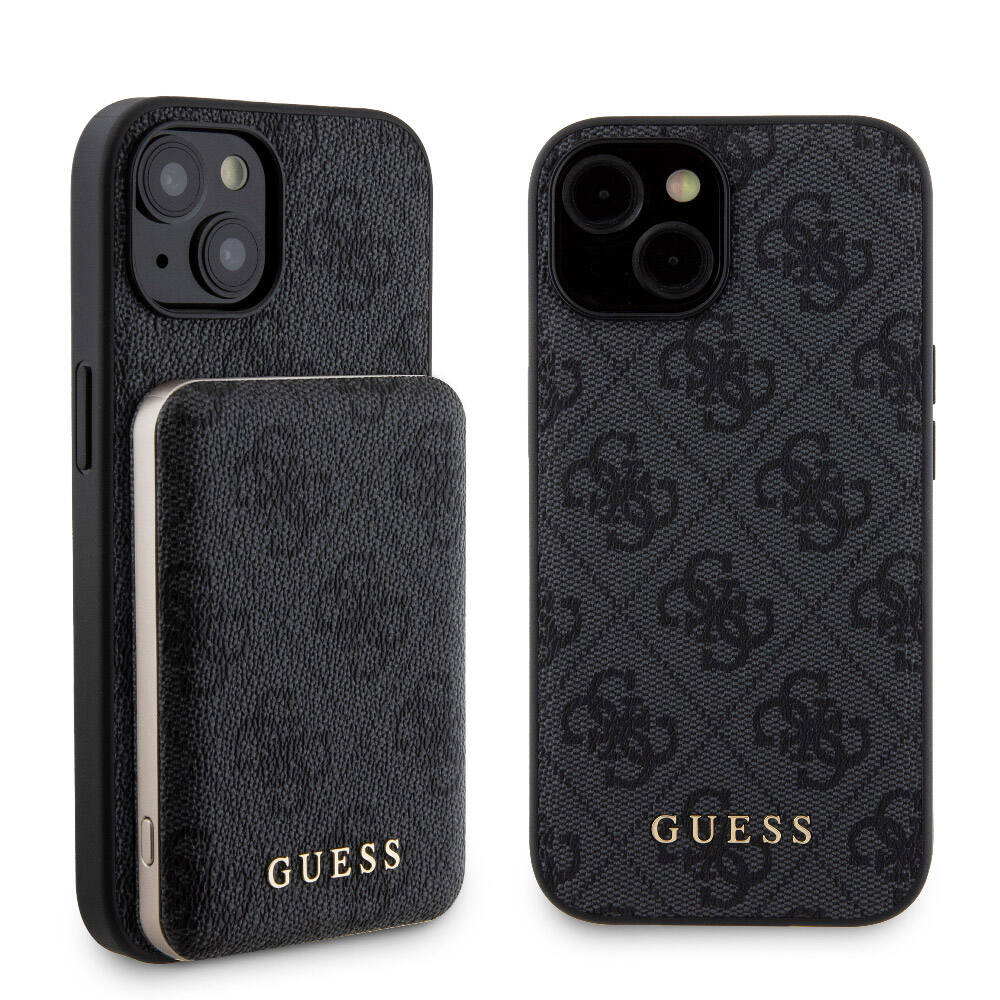 Apple iPhone 15 Kılıf Guess Orjinal Lisanslı Magsafe Şarj Özellikli Yazı Logolu 4G Desenli Kapak + Powerbank 5000mAh 2in1 Set Siyah