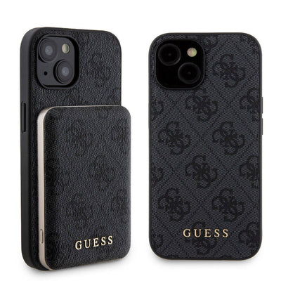 Apple iPhone 15 Kılıf Guess Orjinal Lisanslı Magsafe Şarj Özellikli Yazı Logolu 4G Desenli Kapak + Powerbank 5000mAh 2in1 Set Siyah