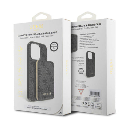 iPhone 15 Kılıf Guess Orjinal Lisanslı M-safe Şarj Özellikli Yazı Logolu 4G Desenli Kılıf + Powerbank 5000mAh 2in1 Set