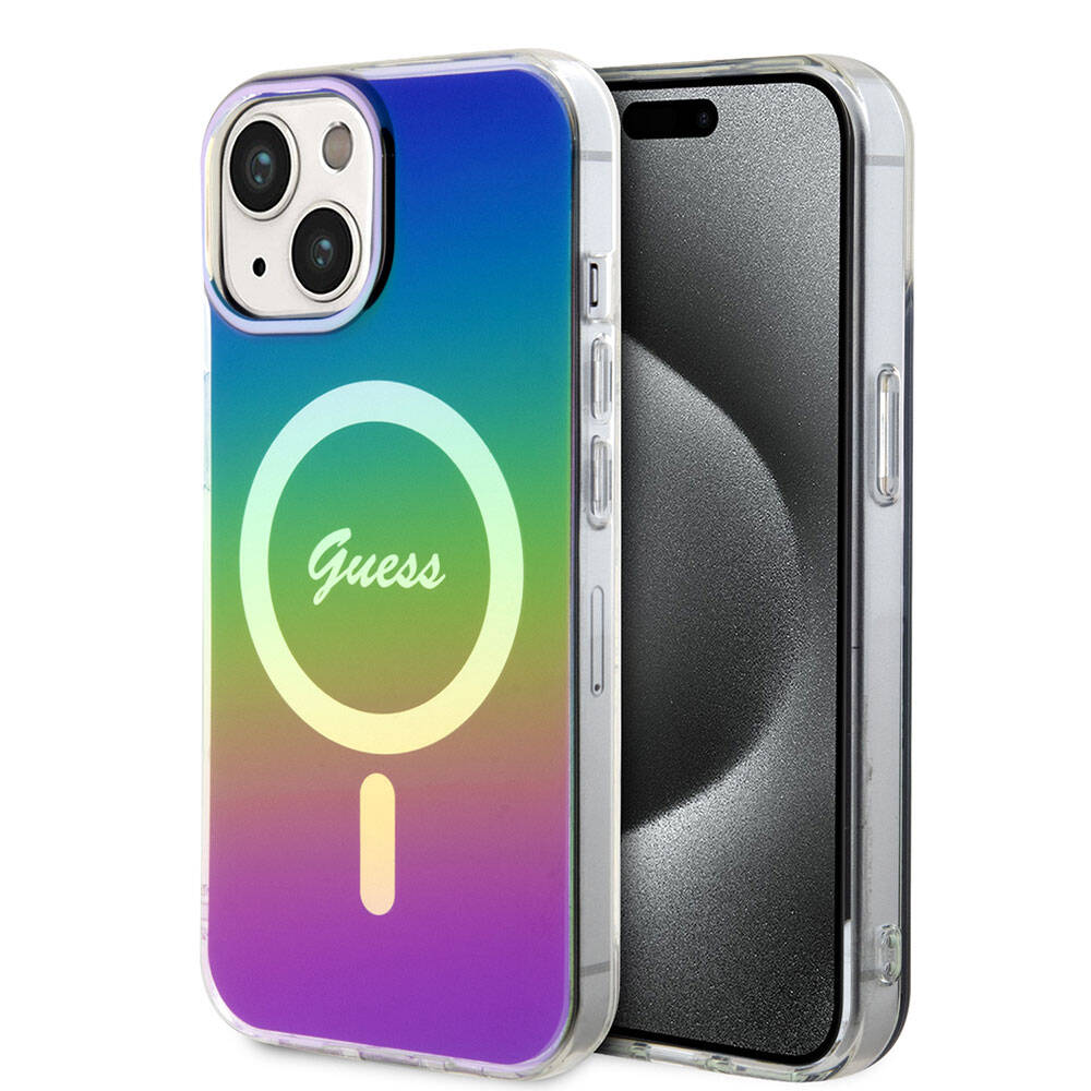 iPhone 15 Kılıf Guess Orjinal Lisanslı M-safe Şarj Özellikli Yazı Logolu Iridescent Kılıf