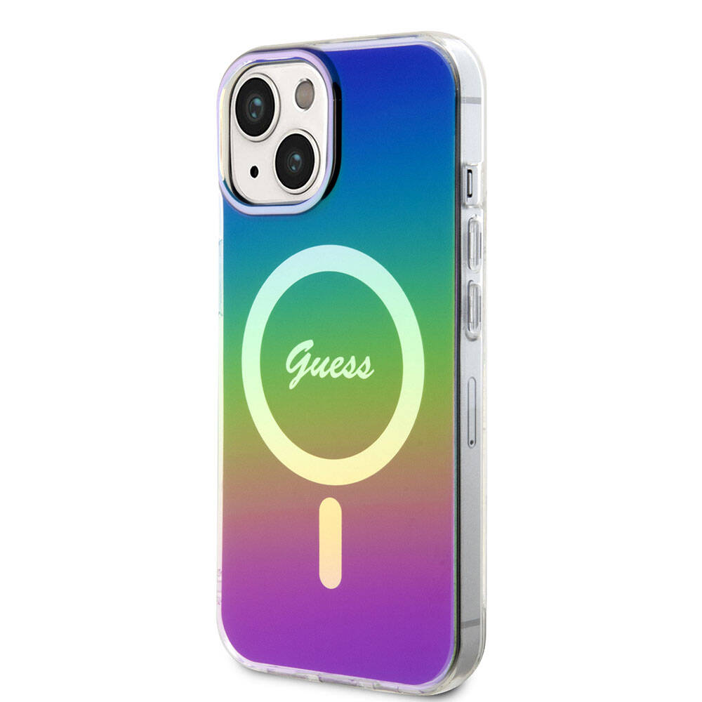 Apple iPhone 15 Kılıf Guess Orjinal Lisanslı Magsafe Şarj Özellikli Yazı Logolu Iridescent Kapak Mor