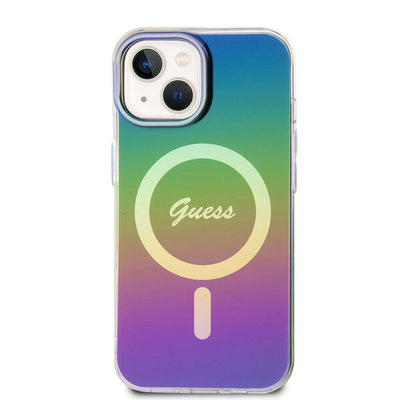 Apple iPhone 15 Kılıf Guess Orjinal Lisanslı Magsafe Şarj Özellikli Yazı Logolu Iridescent Kapak Mor