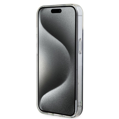 Apple iPhone 15 Kılıf Guess Orjinal Lisanslı Magsafe Şarj Özellikli Yazı Logolu Iridescent Kapak Mor