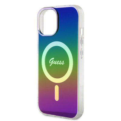 Apple iPhone 15 Kılıf Guess Orjinal Lisanslı Magsafe Şarj Özellikli Yazı Logolu Iridescent Kapak Mor