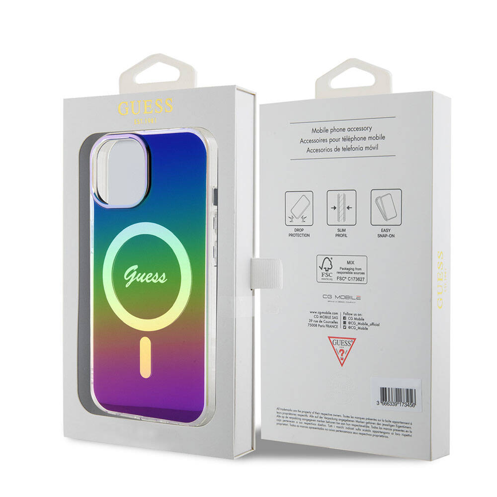 Apple iPhone 15 Kılıf Guess Orjinal Lisanslı Magsafe Şarj Özellikli Yazı Logolu Iridescent Kapak Mor