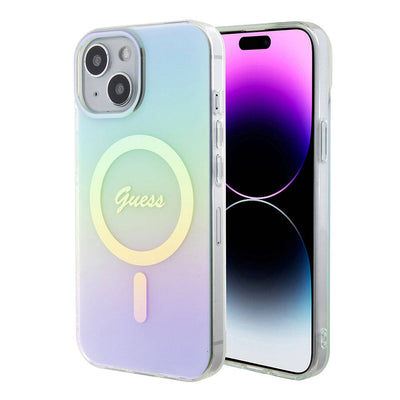 Apple iPhone 15 Kılıf Guess Orjinal Lisanslı Magsafe Şarj Özellikli Yazı Logolu Iridescent Kapak Mor