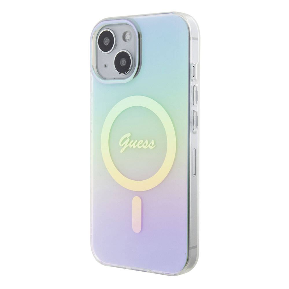 Apple iPhone 15 Kılıf Guess Orjinal Lisanslı Magsafe Şarj Özellikli Yazı Logolu Iridescent Kapak Mor