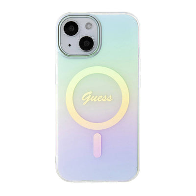 Apple iPhone 15 Kılıf Guess Orjinal Lisanslı Magsafe Şarj Özellikli Yazı Logolu Iridescent Kapak Mor