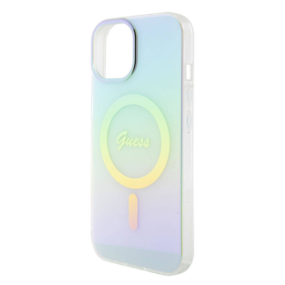 Apple iPhone 15 Kılıf Guess Orjinal Lisanslı Magsafe Şarj Özellikli Yazı Logolu Iridescent Kapak Mor