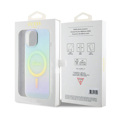 Apple iPhone 15 Kılıf Guess Orjinal Lisanslı Magsafe Şarj Özellikli Yazı Logolu Iridescent Kapak Mor