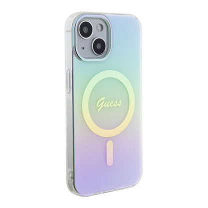 iPhone 15 Kılıf Guess Orjinal Lisanslı M-safe Şarj Özellikli Yazı Logolu Iridescent Kılıf