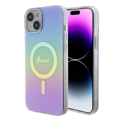 Apple iPhone 15 Kılıf Guess Orjinal Lisanslı Magsafe Şarj Özellikli Yazı Logolu Iridescent Kapak Mor
