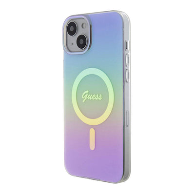 Apple iPhone 15 Kılıf Guess Orjinal Lisanslı Magsafe Şarj Özellikli Yazı Logolu Iridescent Kapak Mor