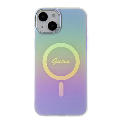 Apple iPhone 15 Kılıf Guess Orjinal Lisanslı Magsafe Şarj Özellikli Yazı Logolu Iridescent Kapak Mor