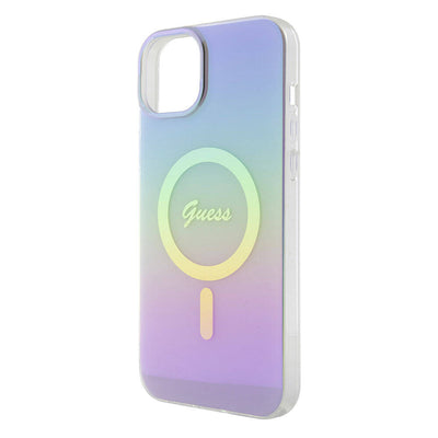 Apple iPhone 15 Kılıf Guess Orjinal Lisanslı Magsafe Şarj Özellikli Yazı Logolu Iridescent Kapak Mor