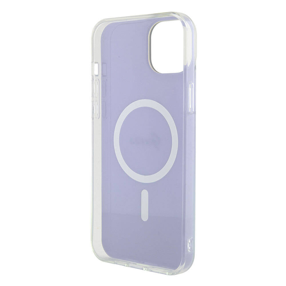 Apple iPhone 15 Kılıf Guess Orjinal Lisanslı Magsafe Şarj Özellikli Yazı Logolu Iridescent Kapak Mor