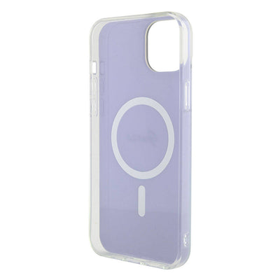 Apple iPhone 15 Kılıf Guess Orjinal Lisanslı Magsafe Şarj Özellikli Yazı Logolu Iridescent Kapak Mor