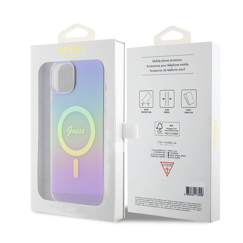 Apple iPhone 15 Kılıf Guess Orjinal Lisanslı Magsafe Şarj Özellikli Yazı Logolu Iridescent Kapak Mor