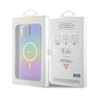Apple iPhone 15 Kılıf Guess Orjinal Lisanslı Magsafe Şarj Özellikli Yazı Logolu Iridescent Kapak Mor