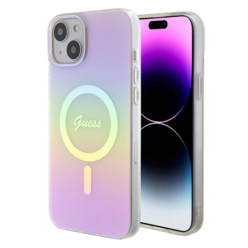 Apple iPhone 15 Kılıf Guess Orjinal Lisanslı Magsafe Şarj Özellikli Yazı Logolu Iridescent Kapak Mor