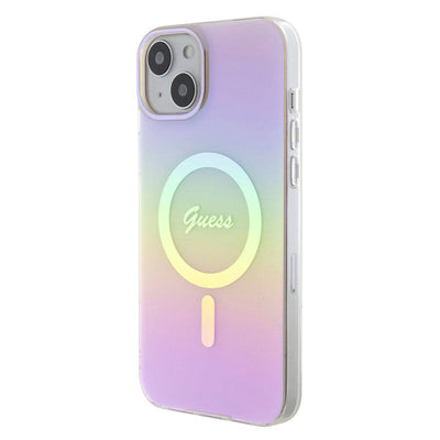 Apple iPhone 15 Kılıf Guess Orjinal Lisanslı Magsafe Şarj Özellikli Yazı Logolu Iridescent Kapak Mor