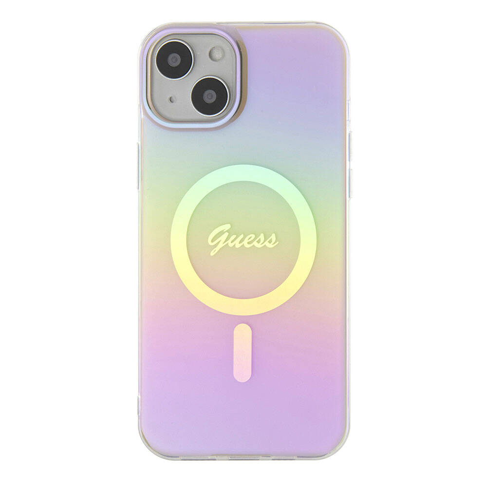 Apple iPhone 15 Kılıf Guess Orjinal Lisanslı Magsafe Şarj Özellikli Yazı Logolu Iridescent Kapak Mor