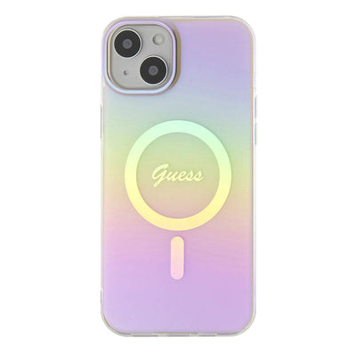 Apple iPhone 15 Kılıf Guess Orjinal Lisanslı Magsafe Şarj Özellikli Yazı Logolu Iridescent Kapak Mor