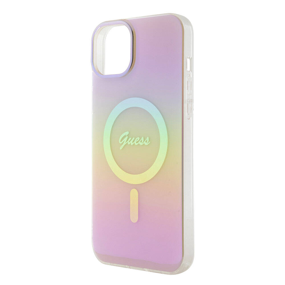 Apple iPhone 15 Kılıf Guess Orjinal Lisanslı Magsafe Şarj Özellikli Yazı Logolu Iridescent Kapak Mor