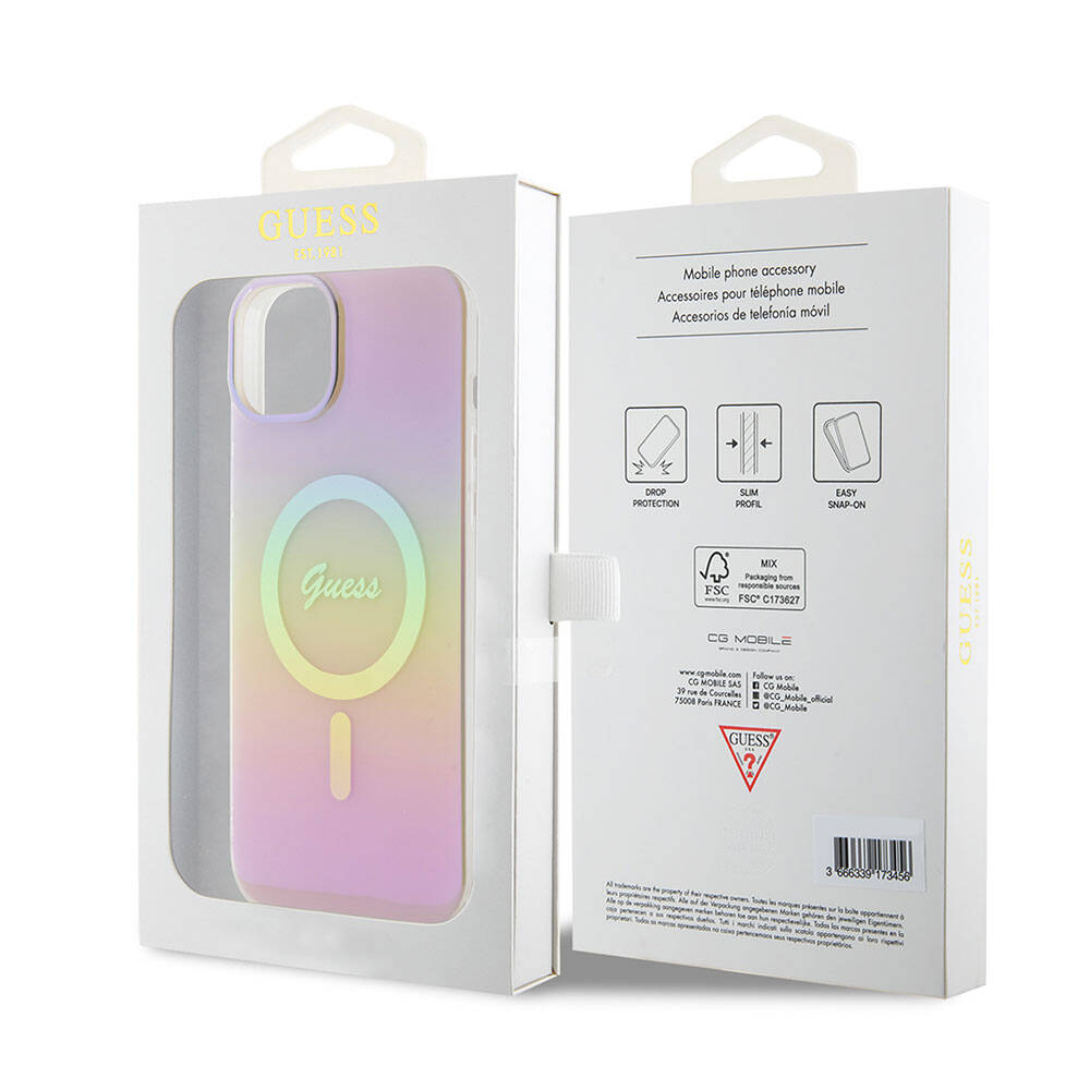 Apple iPhone 15 Kılıf Guess Orjinal Lisanslı Magsafe Şarj Özellikli Yazı Logolu Iridescent Kapak Mor