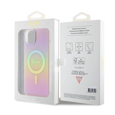 Apple iPhone 15 Kılıf Guess Orjinal Lisanslı Magsafe Şarj Özellikli Yazı Logolu Iridescent Kapak Siyah