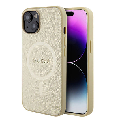 iPhone 15 Kılıf Guess Orjinal Lisanslı M-safe Şarj Özellikli Yazı Logolu Saffiano Kılıf