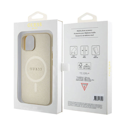 iPhone 15 Kılıf Guess Orjinal Lisanslı M-safe Şarj Özellikli Yazı Logolu Saffiano Kılıf