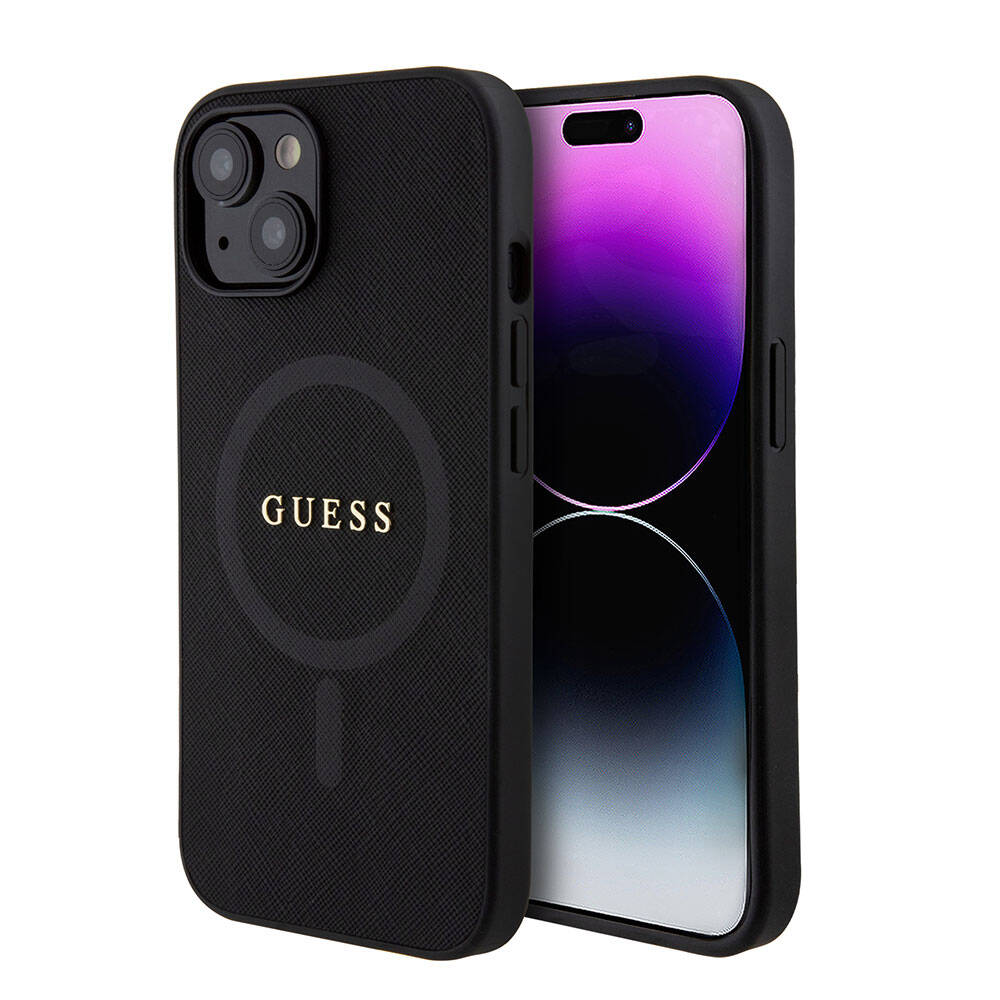 iPhone 15 Kılıf Guess Orjinal Lisanslı M-safe Şarj Özellikli Yazı Logolu Saffiano Kılıf
