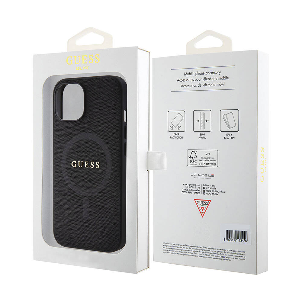 iPhone 15 Kılıf Guess Orjinal Lisanslı M-safe Şarj Özellikli Yazı Logolu Saffiano Kılıf