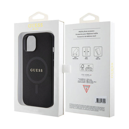 iPhone 15 Kılıf Guess Orjinal Lisanslı M-safe Şarj Özellikli Yazı Logolu Saffiano Kılıf