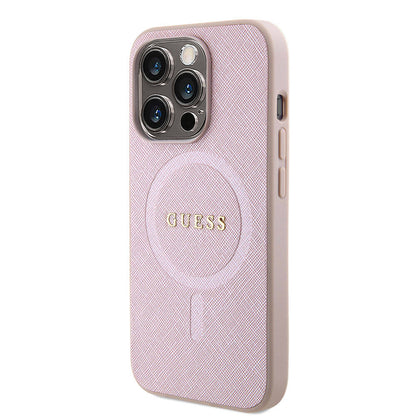 iPhone 15 Kılıf Guess Orjinal Lisanslı M-safe Şarj Özellikli Yazı Logolu Saffiano Kılıf